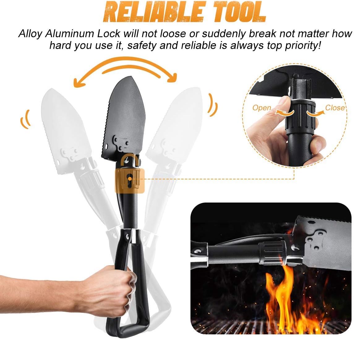 مجرفة تخييم قابلة للطي من اوكولكمب، مجرفة نجاة شديدة التحمل مصنوعة من خليط معدني من الستيل مقاس 18.1 انش مع حافة منشار خشبي، مجرفة تكتيكية للطرق الوعرة والبستنة وحقائب الظهر وحالات الطوارئ في السيارة